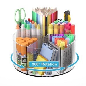 Acrylic Pen Holder for Desk, Acrylic Desk Organizer Clear, 360 Degree Pencil Holder for Desk Kids, Rotating Desk Organizer Rotating Pen Holder for Desk, Art Supply Storage Organizer 6 Compartments