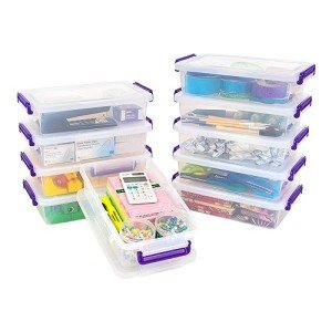 IRIS USA 2.7 Qt. Small Plastic Storage Bins with Lids, 10 Pack, Art and Craft Supply Storage Organizers, Office Supply Flat Storage Container, Stackable Clear Storage Box, Secure Latch, Clear/Violet