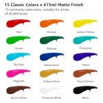 ABEIER Large Bulk Acrylic Paint Set, 15 Colors (473 ml/16 fl oz), Matte Finish, Rich Pigments, Non-Toxic Paints for Painting on Canvas Crafts Wood Ceramic, Ideal for Beginners and Students
