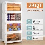 Wise Oannes 4 Tier Storage Bins with Lids, 23QT Stackable Closet Organizers and Storage with Wheels, Collapsible Storage Boxes, Foldable Plastic Storage Containers for Home,Office, Dorm Room