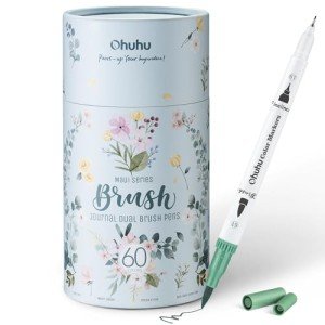 Ohuhu Markers for Adult Coloring Books No Bleeding 60 Colors Coloring Markers Water-based Dual Tips Fineliner & Brush Drawing Pens Art Markers for Kids Adults Sketch Journal - Maui - White