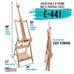 U.S. Art Supply Large Adjustable H-Frame Multi-Purpose Studio Artist Wooden Floor Easel - Tilts Flat, Mast Adjusts to 88" High, Holds 59" Canvas - Sturdy Beechwood Painting Holder Display Stand, Shelf