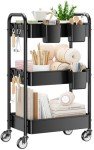 YASONIC 3 Tier Rolling Cart - Metal Utility Cart with Wheels, Hanging Cups, Hooks, Heavy Duty Mesh Rolling Storage Cart Organizer, Craft Cart for Kitchen Office, Lightweight and Sturdy