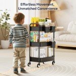 YASONIC 3 Tier Rolling Cart - Metal Utility Cart with Wheels, Hanging Cups, Hooks, Heavy Duty Mesh Rolling Storage Cart Organizer, Craft Cart for Kitchen Office, Lightweight and Sturdy