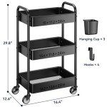 YASONIC 3 Tier Rolling Cart - Metal Utility Cart with Wheels, Hanging Cups, Hooks, Heavy Duty Mesh Rolling Storage Cart Organizer, Craft Cart for Kitchen Office, Lightweight and Sturdy
