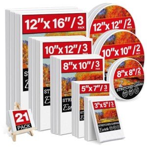 21 Packs Stretched Canvases for Painting, MultiSize 12x16, 10x12, 8x10, 5x7, 3x5, Round Canvas with 8x8,10x10,12x12, Primed Blank Canvas for Oil, Acrylic Paint,for Beginner, Artist.
