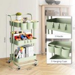 3 Tier Rolling Cart with Metal Handle, Table Top, Hanging Cups, Hooks, Plastic Storage Baskets& Wheels Lockable, Utility Cart for Bathroom Classroom Office Kitchen Pantry Organizers and Storage, Green