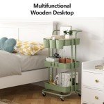 3 Tier Rolling Cart with Metal Handle, Table Top, Hanging Cups, Hooks, Plastic Storage Baskets& Wheels Lockable, Utility Cart for Bathroom Classroom Office Kitchen Pantry Organizers and Storage, Green