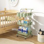 3 Tier Rolling Cart with Metal Handle, Table Top, Hanging Cups, Hooks, Plastic Storage Baskets& Wheels Lockable, Utility Cart for Bathroom Classroom Office Kitchen Pantry Organizers and Storage, Green