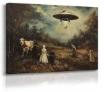 Godont Ufo And Victorian Landscape Oil Painting Art Print Psychedelic Spaceship Poster Painting Interesting Whimsical Alien Abduction Wall Decor 16x24 Inch Unframed