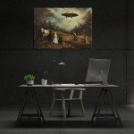 Godont Ufo And Victorian Landscape Oil Painting Art Print Psychedelic Spaceship Poster Painting Interesting Whimsical Alien Abduction Wall Decor 16x24 Inch Unframed