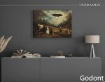 Godont Ufo And Victorian Landscape Oil Painting Art Print Psychedelic Spaceship Poster Painting Interesting Whimsical Alien Abduction Wall Decor 16x24 Inch Unframed