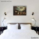 Godont Ufo And Victorian Landscape Oil Painting Art Print Psychedelic Spaceship Poster Painting Interesting Whimsical Alien Abduction Wall Decor 16x24 Inch Unframed