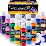 ESSENSON Acrylic Paint, 12 Colors Acrylic Paint Set, 2oz/59ml Bottles, Premium Acrylic Paints for Artists, Kids, Beginners and Adults on Canvas Rocks Wood Ceramic Fabric