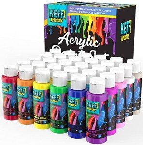 KEFF Acrylic Paint Bottles - 30 Colors (2oz/59ml) Painting Supplies for Canvas, Rock, Ceramic, Wood - Rich Pigment Non Toxic Paint for Kids and Adults - Indoor and Outdoor Acrylic Paint Kit