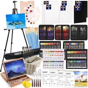 ESRICH 166 Pcs Painting Set, Painting Supplies with 96 Paint(Oil, Watercolor,Gouache & Acrylic Paint) Metal and Wooden Easels, Canvas, Paper Pads, 45 Paintbrushes etc. for Adults, Kids, Artists