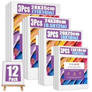 PUOPOSTY 12 Value Pack Stretched Canvases for Painting, Multi-Size (5x7, 8x10, 9.5x12, 11x14 in), 100% Cotton Blank Canvases, Acid-Free for Oil,Acrylic Paint, for Beginners & Pros, Kids & Artists
