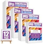 PUOPOSTY 12 Value Pack Stretched Canvases for Painting, Multi-Size (5x7, 8x10, 9.5x12, 11x14 in), 100% Cotton Blank Canvases, Acid-Free for Oil,Acrylic Paint, for Beginners & Pros, Kids & Artists