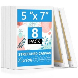 ESRICH Canvas for Painting 5x7, 8 Pack Stretched Small Canvases for Painting 2/5" Profile Primed Acid Free Painting Canvas for Kids for Oil Paint, Watercolor, Acrylic Paint, Gouache, Tempera.