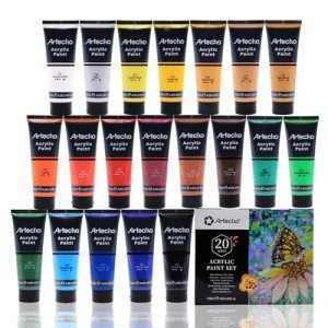 Artecho Professional Acrylic Paint Set, 20 Primary Colors (120ml / 4.05oz) Tubes, Art Craft Paints for Canvas, Rock, Stone, Wood, Fabric, Art Supplies