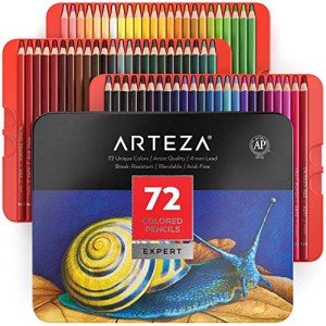 ARTEZA Colored Pencils, Set of 72 Colors with Coloring Book, Soft Wax-Based Cores, Art Supplies for Drawing Art, Sketching, Shading, Coloring Pencils for Adults, Beginners & Artists in Tin Box