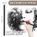 Gueevin 100 Pieces Willow Charcoal Sticks Soft Black Drawing Charcoal for Sketching and Drawing Art Sketch Artists Supplies, 5.7 Inch in Length, 5-7 mm in Diameter