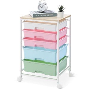 SYKIARIOL Utility Cart with 5 Drawers,Storage Drawer Cart with Wooden Tabletop and Lockable Wheels,Craft Storage Trolley Cart,5-Tier Rolling Utility Cart on Wheels,Rainbow