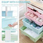 SYKIARIOL Utility Cart with 5 Drawers,Storage Drawer Cart with Wooden Tabletop and Lockable Wheels,Craft Storage Trolley Cart,5-Tier Rolling Utility Cart on Wheels,Rainbow