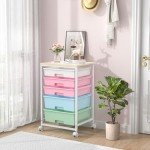 SYKIARIOL Utility Cart with 5 Drawers,Storage Drawer Cart with Wooden Tabletop and Lockable Wheels,Craft Storage Trolley Cart,5-Tier Rolling Utility Cart on Wheels,Rainbow