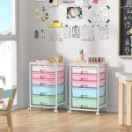 SYKIARIOL Utility Cart with 5 Drawers,Storage Drawer Cart with Wooden Tabletop and Lockable Wheels,Craft Storage Trolley Cart,5-Tier Rolling Utility Cart on Wheels,Rainbow