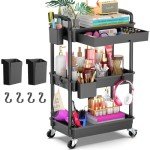 Goovilla 3 Tier Rolling Utility Cart Organizer with Removable Drawer, Stable and Sturdy Black Rolling Storage Carts with 2 Lockable Wheels for Bathroom, Kitchen, Snack, Craft, Makeup, Baby Essentials