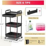 Goovilla 3 Tier Rolling Utility Cart Organizer with Removable Drawer, Stable and Sturdy Black Rolling Storage Carts with 2 Lockable Wheels for Bathroom, Kitchen, Snack, Craft, Makeup, Baby Essentials