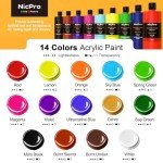 Nicpro 14 Colors Large Bulk Acrylic Paint Set (16.9 oz, 500 ml) Non Toxic Art Painting Supplies for Multi Surface Fabric Canvas Wood Leather Stone, Craft Paint for Kid & Adult with Color Wheel