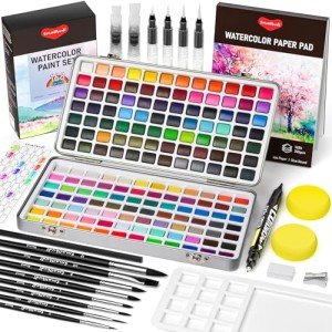 Smallbudi Watercolor Paint Set 168 Colors Including Metallic, Watercolor Kit with Case, Watercolor Paper, Paint Brushes, Palette and Accessories, Water Color Art Supplies Gift for Adults Kids Artists