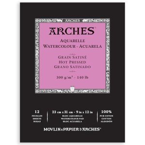 Arches Aquarelle Watercolor Pad, Hot Pressed, 140lb/300gsm, 12 Sheet, 9x12 inch, Arches Watercolor Paper 100% Cotton