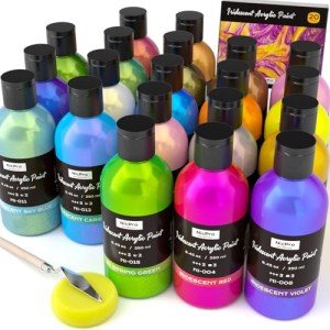 Nicpro 20 Colors Iridescent Acrylic Paint, 8.45oz / 250ml Large Bulk Metallic Acrylic Paint,Color Shifting & Non-Toxic Art Painting Supplies For Canvas Fabric Rock Wood with Paint Knife Color Wheel