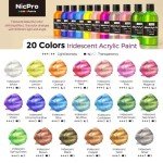Nicpro 20 Colors Iridescent Acrylic Paint, 8.45oz / 250ml Large Bulk Metallic Acrylic Paint,Color Shifting & Non-Toxic Art Painting Supplies For Canvas Fabric Rock Wood with Paint Knife Color Wheel