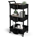 3-Tier Utility Rolling Cart,Mobile Utility Cart with Lockable Caster Wheels,Storage Shelves Organizer Cart, 3 Hanging Baskets, Easy Assembly,for Bathroom, Kitchen, Office, Workshop