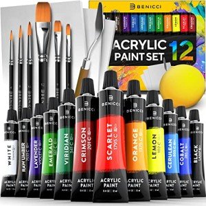 Complete Acrylic Paint Set – 12х Rich Pigment Colors & 6x Art Brushes - Includes 3 Paint Canvases, Palette Knife & Sponge - Perfect for Canvas, Clay, Ceramic - Non-Toxic, Great for Kids & Adults