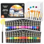 Shuttle Art 48 Pack Acrylic Paint Set, 30 Colors Acrylic Paint (36ml) with 10 Brushes 5 Canvas 1 Paint Knife 1 Palette 1 Art Sponge, Complete Set for Kids, Adults Painting on Canvas Rocks Wood Ceramic