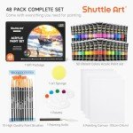 Shuttle Art 48 Pack Acrylic Paint Set, 30 Colors Acrylic Paint (36ml) with 10 Brushes 5 Canvas 1 Paint Knife 1 Palette 1 Art Sponge, Complete Set for Kids, Adults Painting on Canvas Rocks Wood Ceramic