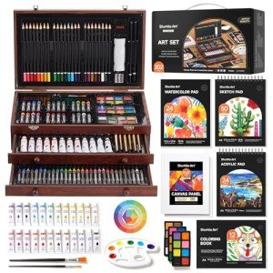 Shuttle Art Deluxe Gift Art Kit, 202-Piece Wooden Art Supplies Set with 4 Drawing Pads, Canvases, Coloring Sheets, Acrylic Paint, Crayons, Oil Pastels, Colored Pencils for Kids