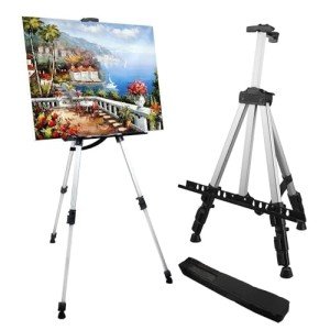 Art Painting Artist Easel Stand,RRFTOK Display Sign Aluminum Metal Tripod Adjustable Portable Easels for Painting Canvases Height from 17 to 66 Inch,Carry Bag for Table-Top/Floor Drawing - White