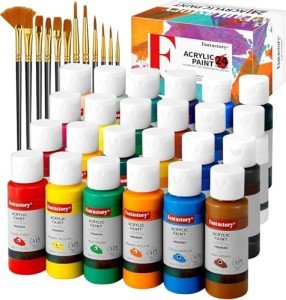 Fantastory Acrylic Paint Set (24 x 2 oz ) with 12 Brushes – Fade-Resistant, Waterproof Christmas Acrylic Paints for Glass, Canvas, Wood, Ceramics, Models – Ideal for Beginners, Art Students, Hobby Artists [Balanced Series]