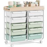 Rolling Storage Cart with 10 Large Drawers, Utility Cart with Wooden TableTop for Craft Organizers, Art Supply Storage, Home Office Organization, Cart with Wheels for Classroom, School, Green