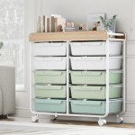 Rolling Storage Cart with 10 Large Drawers, Utility Cart with Wooden TableTop for Craft Organizers, Art Supply Storage, Home Office Organization, Cart with Wheels for Classroom, School, Green