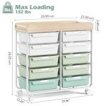 Rolling Storage Cart with 10 Large Drawers, Utility Cart with Wooden TableTop for Craft Organizers, Art Supply Storage, Home Office Organization, Cart with Wheels for Classroom, School, Green