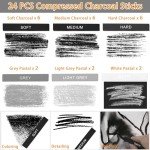 Dlicoda 24 Pcs Compressed Charcoal Sticks with Soft, Medium, Hard and White Charcoal - Premium Drawing Charcoal Kit for Drawing, Sketching and Shading - Art Supplies for Artists Beginners