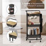 DTK 3 Tier Metal Utility Rolling Cart with Table Top and Side Bags, Tray Storage Organizer Wheels, Art Craft 4 Hooks for Kitchen Bathroom Office Living Room (Black)