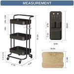 DTK 3 Tier Metal Utility Rolling Cart with Table Top and Side Bags, Tray Storage Organizer Wheels, Art Craft 4 Hooks for Kitchen Bathroom Office Living Room (Black)